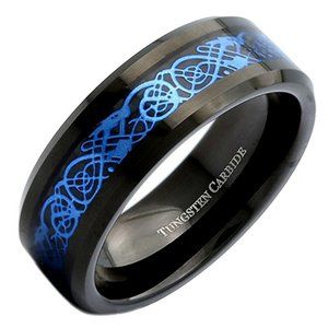 Men's Tungsten Wedding Band (8mm). Celtic Knot Ring. Black Resin Inlay Sky Blue